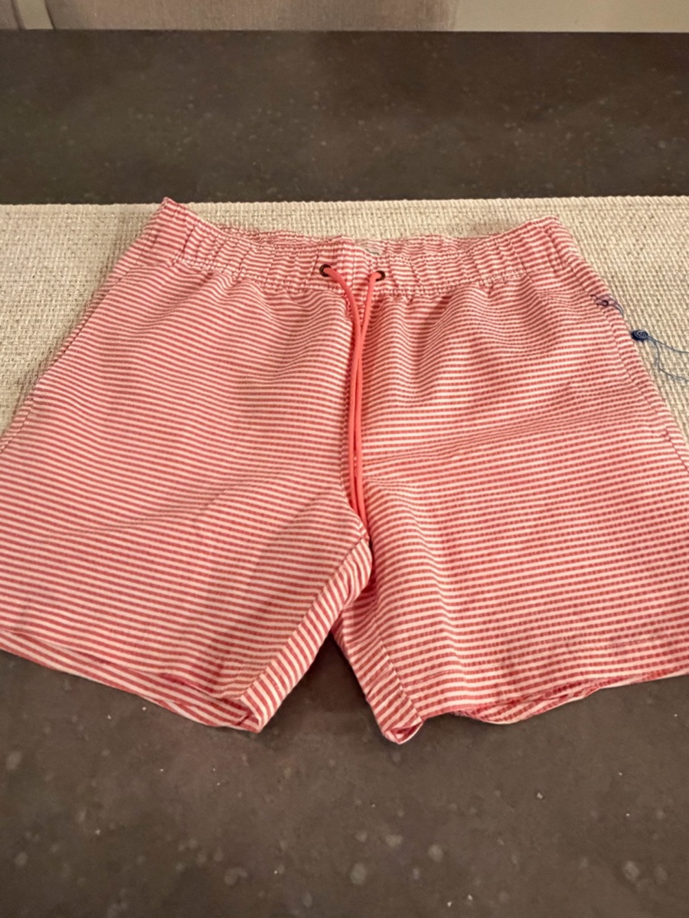Mr.Swim Pink and White Narrow Stripe Swim Trunks with Drawstring